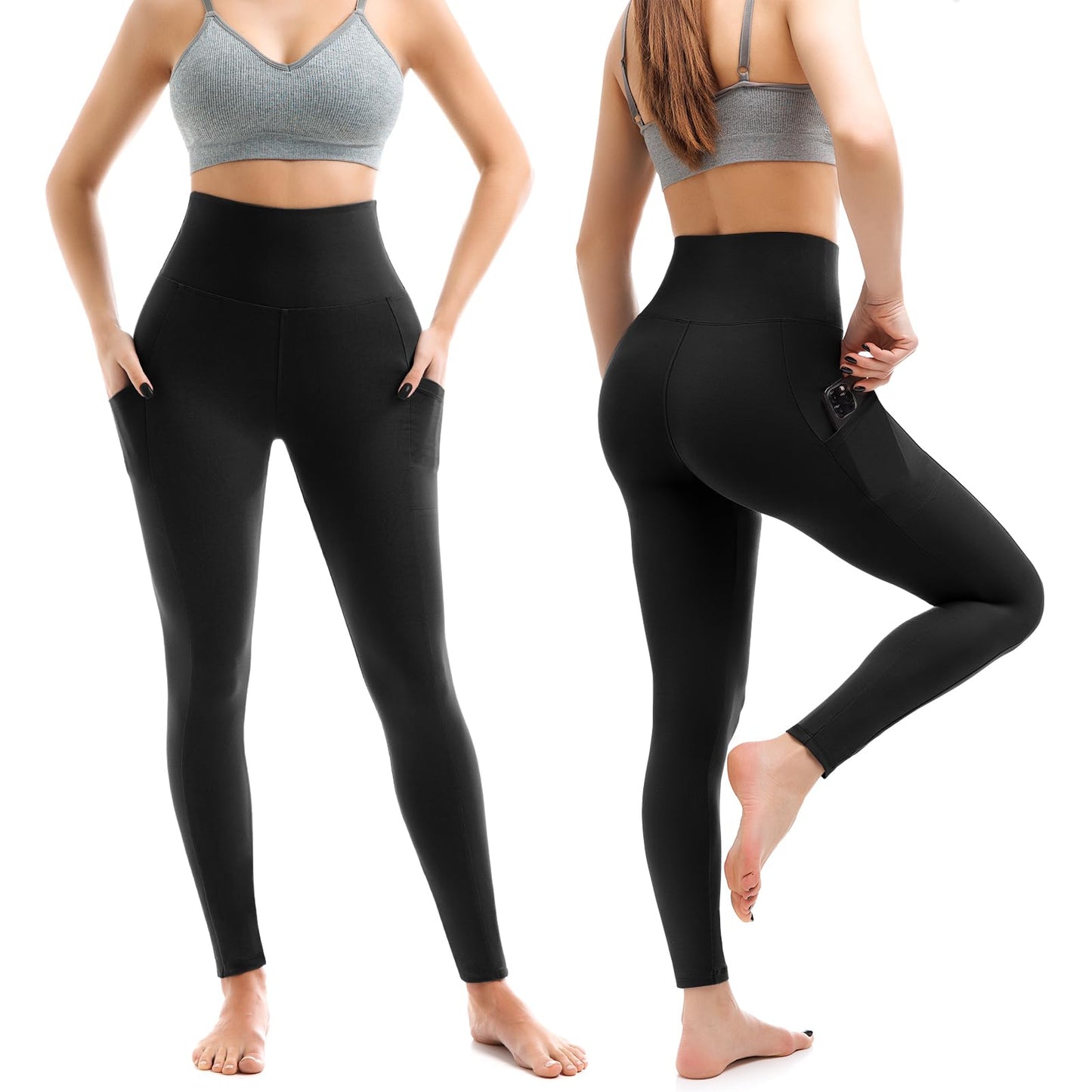 Leafigure 2 Packs Leggings with Pockets for Women, High Waisted Tummy Control Workout Leggings for Gym Black/Purple SM