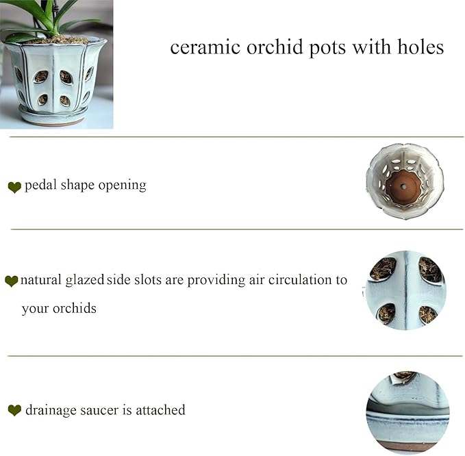 Orchid Pots with Holes 6 inch Ceramic Orchid Pot with Attached Saucer and Drainage Hole (White)