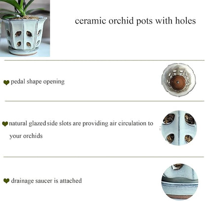 Orchid Pots with Holes 6 inch Ceramic Orchid Pot with Attached Saucer and Drainage Hole (White)