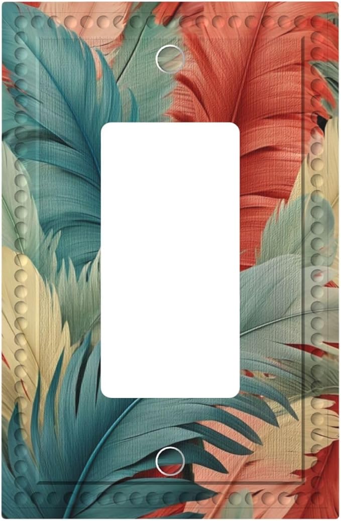 Colorful Feathers Blue Red Single Decora Outlet Wall Plate 1 Gang Rocker Decorative Switchplate Faceplate GFCI Light Switch Covers for Home Living Decor