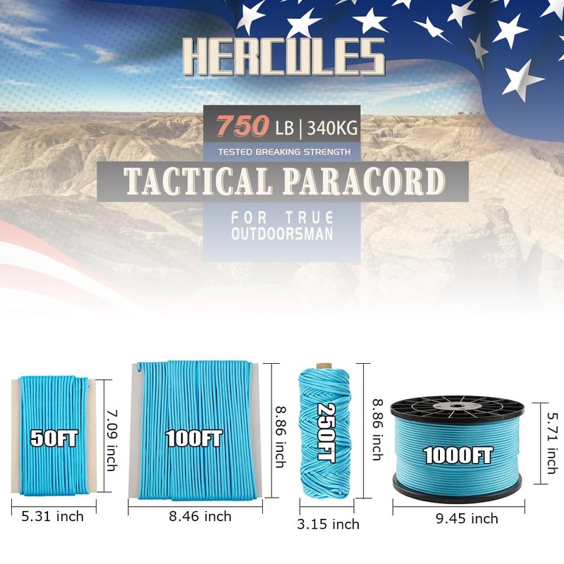HERCULES 750lb Paracord 4mm 11 Strands Tactical Parachute Cord, 50' 100' 250' 1000' Utility Rope for Camping, Survival, Outdoor Gear (Sky Blue, 50FT)