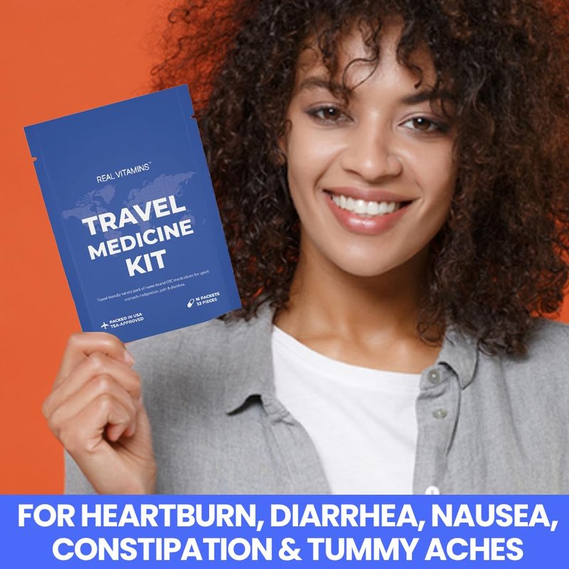 Travel Medicine Kit - 16 Pcs Individually Wrapped Packets of Ibuprofen, Bismol, Sodium Bicarbonate & Antacids - TSA-Approved Medicine Variety Pack by Real Vitamins (1 Kit)
