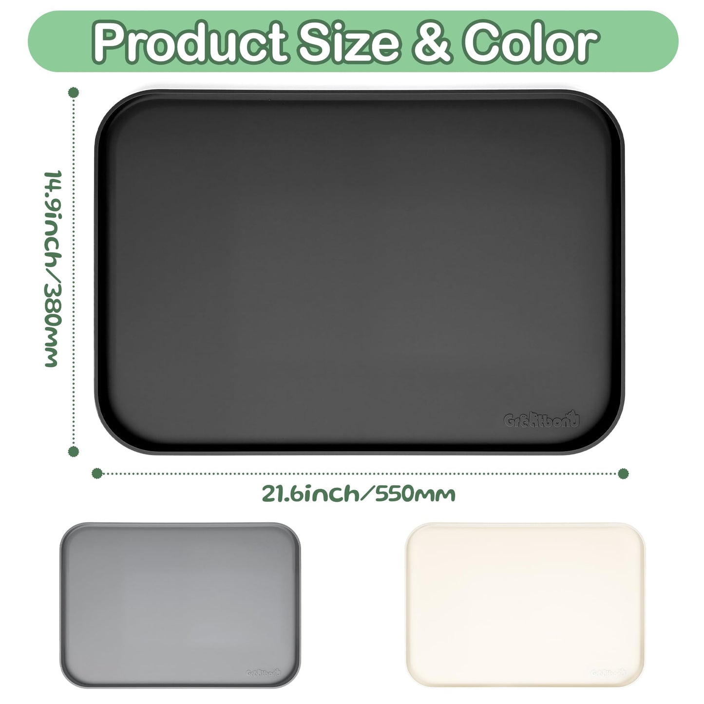 Greatbond 100% Waterproof Silicone Pet Feeding Mat,Warped Resistant Raised Edge BPA-Free Dog Cat Food Mats, Non-Slip Pet Placemat with High Lip to Prevent Spills, Dishwasher Safe, 21.5"x14" Black
