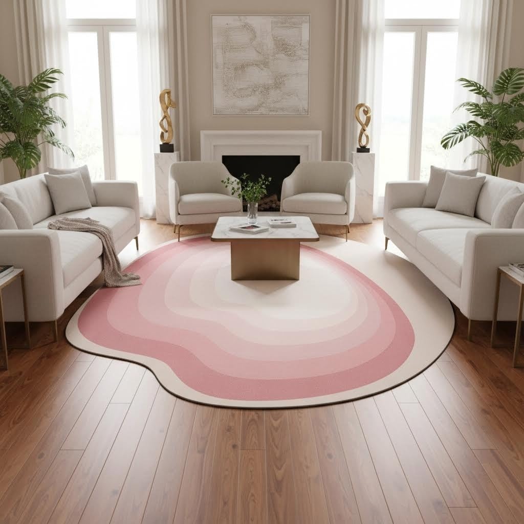 Odd Shaped Rugs 2x3 Ombre Pink Beige Irregular Shape Area Rug for Living Room Bedroom Nursery Non Shedding Washable Carpet Minimalist Boho Home Office Guestroom Lightweight Non Slip Throw Mats