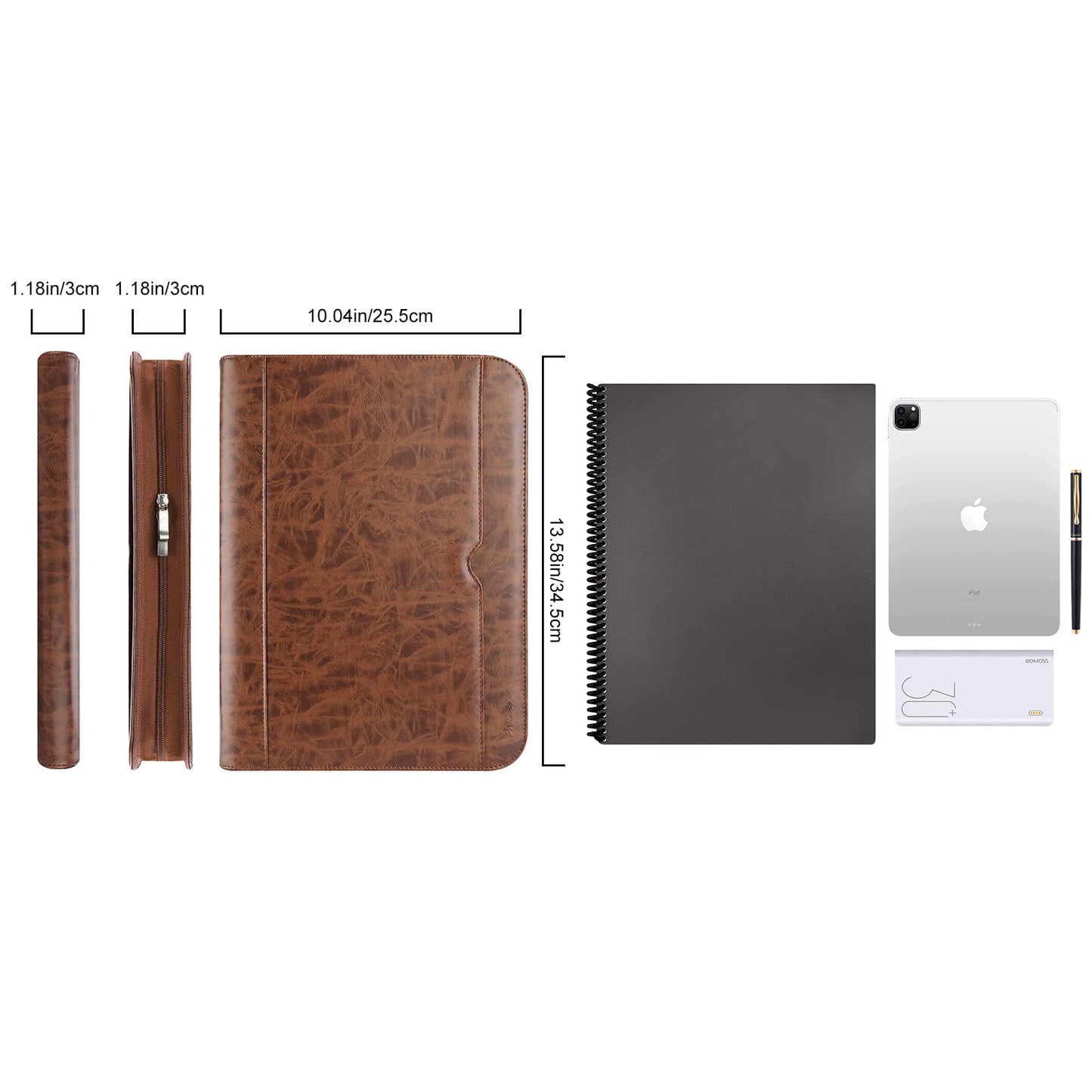 ProCase Portfolio Business Padfolio Folder with Zipper, Conference Meeting Executive File Legal Document Organizer with Pockets Letter Size A4 Writing Pad Notepad Padfolio -Brown