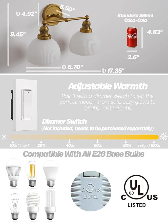 2-Light Gold Wall Sconces,Vintage Bathroom Wall Sconce Light with Milk Glass Double Arm Brass Bathroom Vanity Light for Living Room Bedroom Kitchen E26 Hardwire Indoor