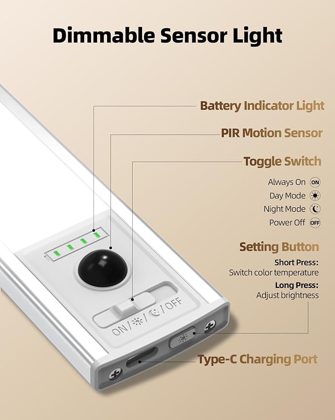 EZVALO 12inch Under Cabinet Lighting Wireless with Battery Indicator, 2500mAh Rechargeable Motion Sensor Light Indoor, 96 LED Under Counter Lights for Kitchen Closet, 3 Color Temps, Dimmable, 6 Pack