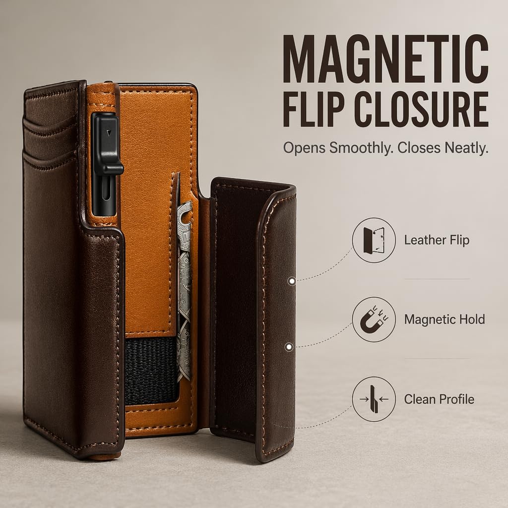 Plinvo Men's Slim Front Pocket Wallet with Integrated Money Clip & Coin Pocket, RFID Blocking & ID Window (Brown)