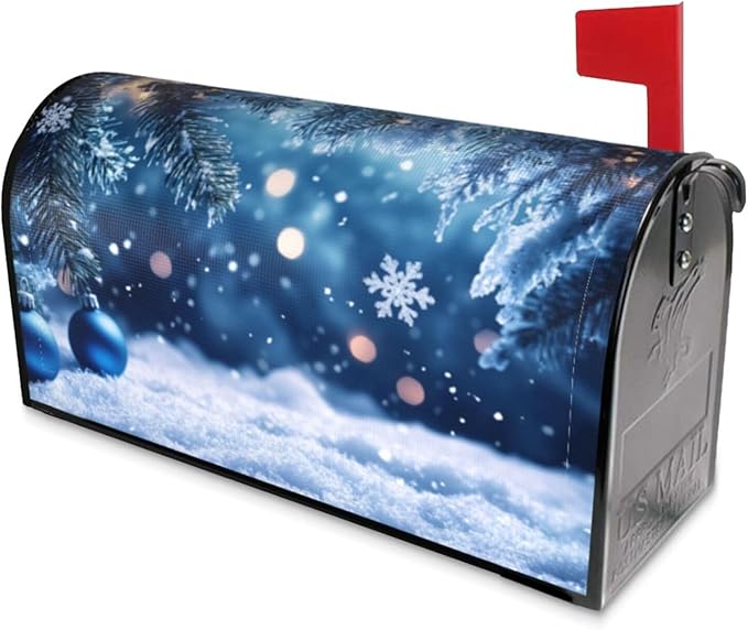 Festive Magnetic Mailbox Cover Winter Christmas Blue Ball Pattern Outdoor Mailbox Protector Holiday Seasonal Decorative Garden Yard Home Large Size 25.5 x 21 Inch