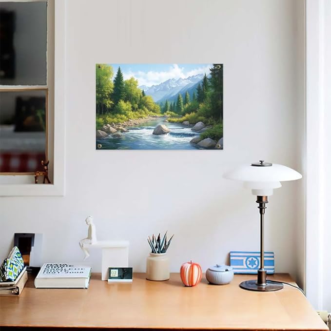 Yesad Serene Nature Wall Art, Landscape Canvas Wall Art Forest Pictures Prints Mountain Painting Scenery Poster Wall Décor for Farmhouse Living Room Bedroom (Unframed,30”x20”,Stream)