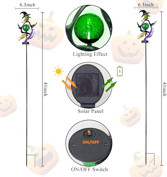 Viveta Solar Halloween Lights, Witch Halloween Decorations Solar Stake Lights with Crackle Glass Ball for Outdoor Pathway Garden Yard Patio, 2 Pack