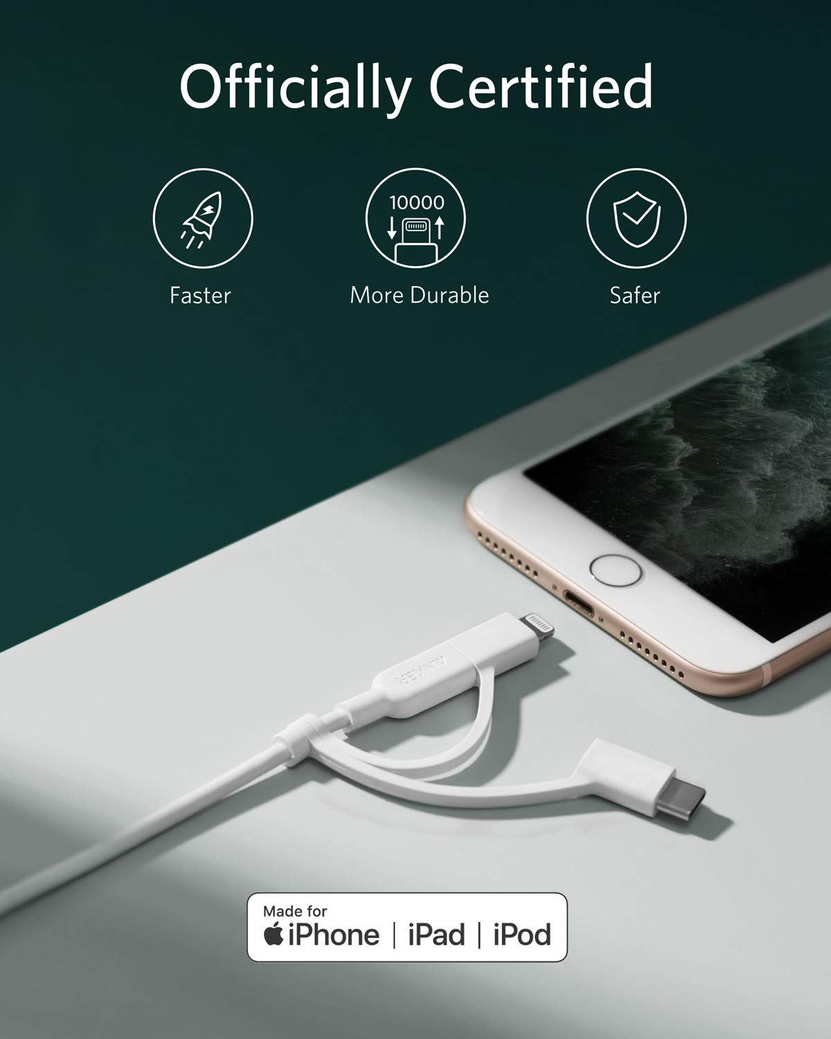 Anker Powerline II 3-in-1 Cable, Lightning/Type C/Micro USB Cable for iPhone, iPad, Huawei, HTC, LG, Samsung Galaxy, Sony Xperia, Android Smartphones, iPad Pro 2018 and More(3ft, Black)