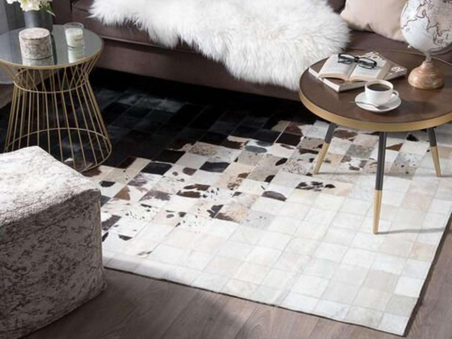 VELMONT STUDIO Luxe Geometric Cowhide Area Rug – Handcrafted Black & White Leather Patchwork Carpet – Modern Designer Checkerboard Rug for Living Room, Bedroom, Office – 100% Natural Hair-On Hide