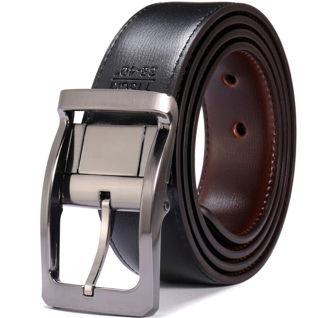 Belts for Men Reversible Leather 1.25” Waist Strap Fashion Dress Buckle Beltox (Rectangle Rotated Buckle with Burnt Umber/Black Belt, 28-30)