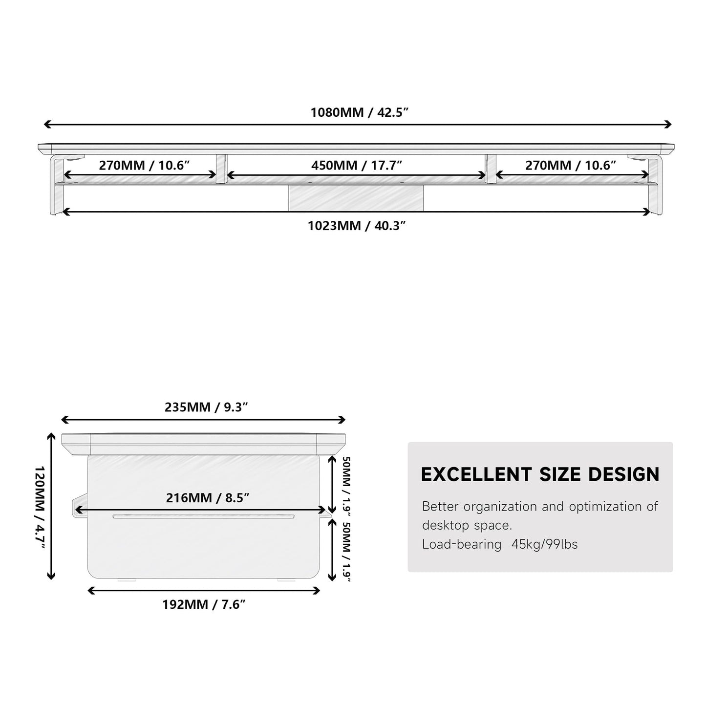 Fenge Acrylic Monitor Stand Riser, 42.5 Inches Dual Monitor Stand with Metal Storage, 2 Tier Acrylic Computer Riser for Desk, Clear Laptop Stand for PC, Laptop, Printer, TV, White