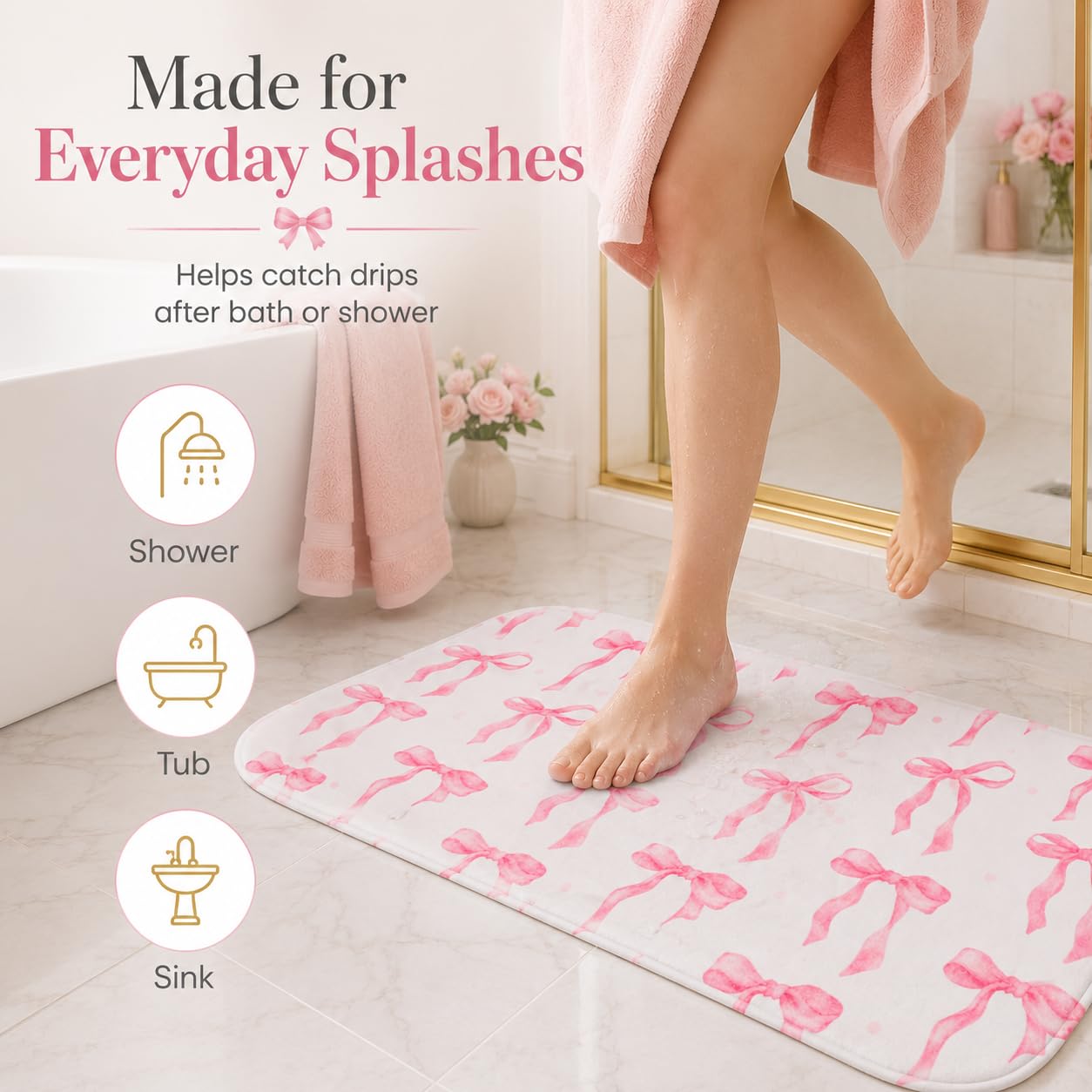 HAIWAOO Memory Foam Bath Mat with Pink Bow Pattern, Comfortable, Soft, Non-Slip, Super Absorbent, Quick Drying Bath Rug for Bathroom,Floor, Tub & Shower, Machine Washable (32INX20IN, Bow)
