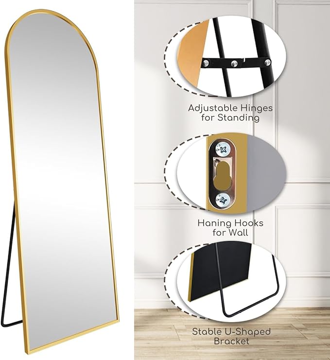 Arched Full Length Mirror, 71"x30" Free Standing Floor Mirror, Modern Full Body Mirrors with Stand, Wall Mirrors with Aluminum Alloy Frame for Bedroom,Living Room, Gold