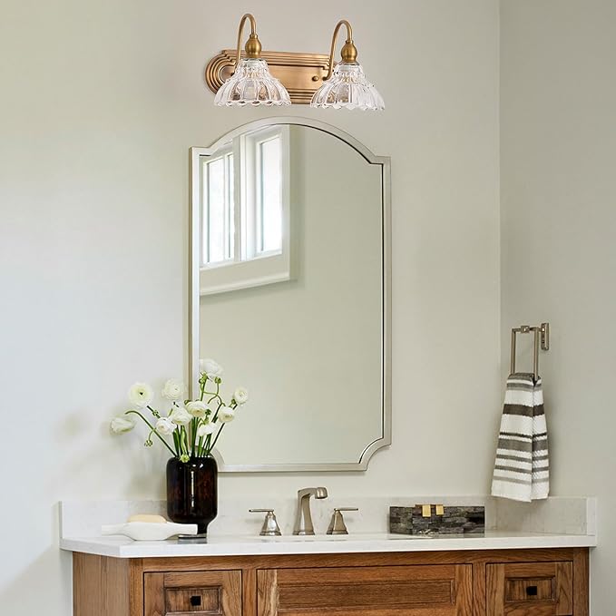 Vintage 2-Light Bathroom Vanity Light Wall Sconce Gold Wall Light Made of Metal Body and Pressed Patterned Glass Retro Vanity Light for Bedroom, Bathroom, Farmhouse, Hallway