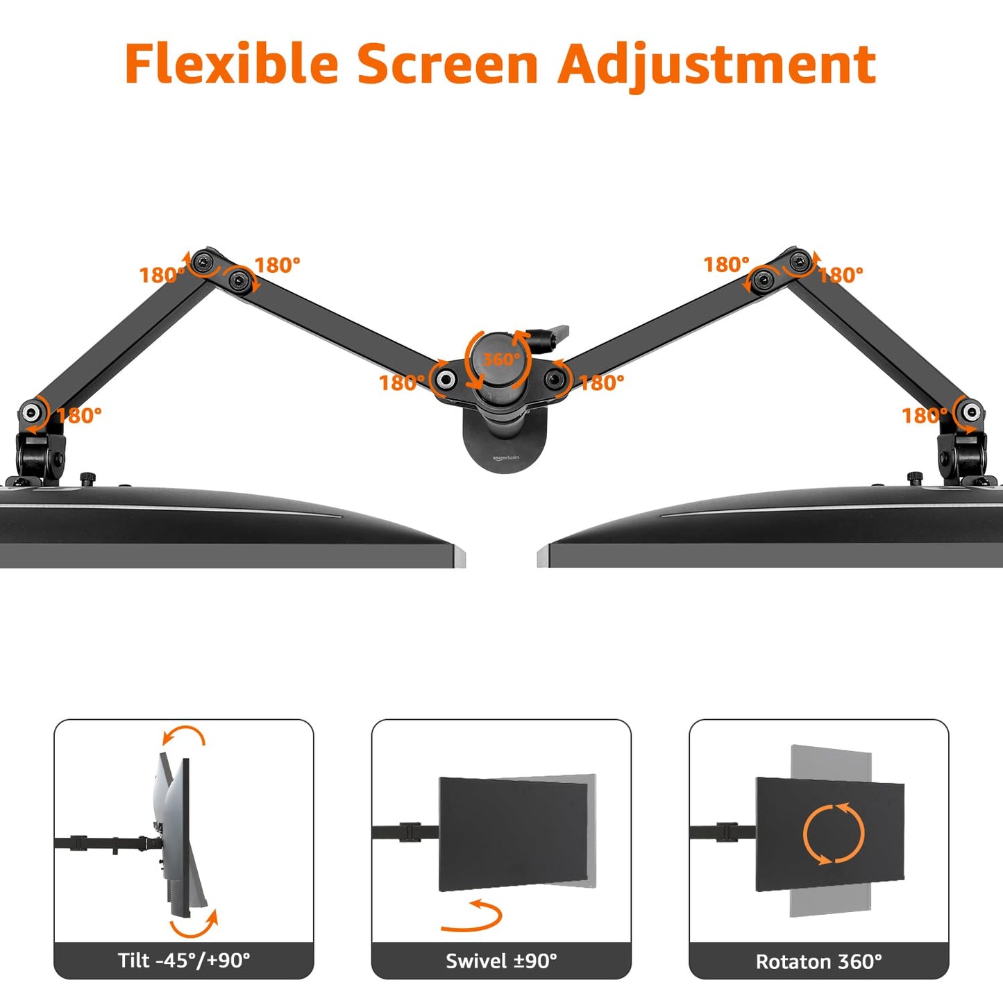 Amazon Basics Adjustable Dual Monitor Desk Mount, Holds up to 32" Monitors, Black