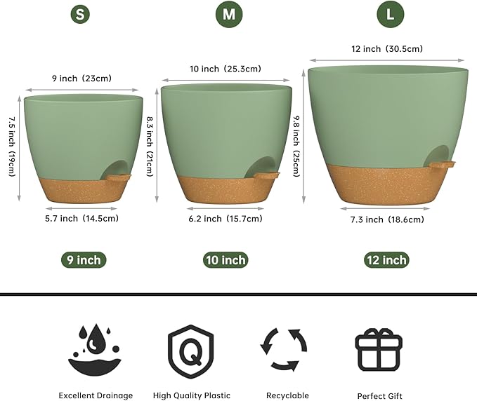 ZMTECH 9/10/12 Inch Plant Pots Sets, Selfwatering Planters with Drainage Holes Saucers for Indoor Outdoor Plants, Plastic Flower Pots for House Kitchen Window Garden(Green, 3 Pack)