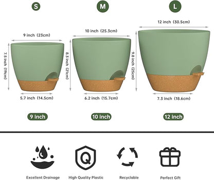 ZMTECH 9/10/12 Inch Plant Pots Sets, Selfwatering Planters with Drainage Holes Saucers for Indoor Outdoor Plants, Plastic Flower Pots for House Kitchen Window Garden(Green, 3 Pack)