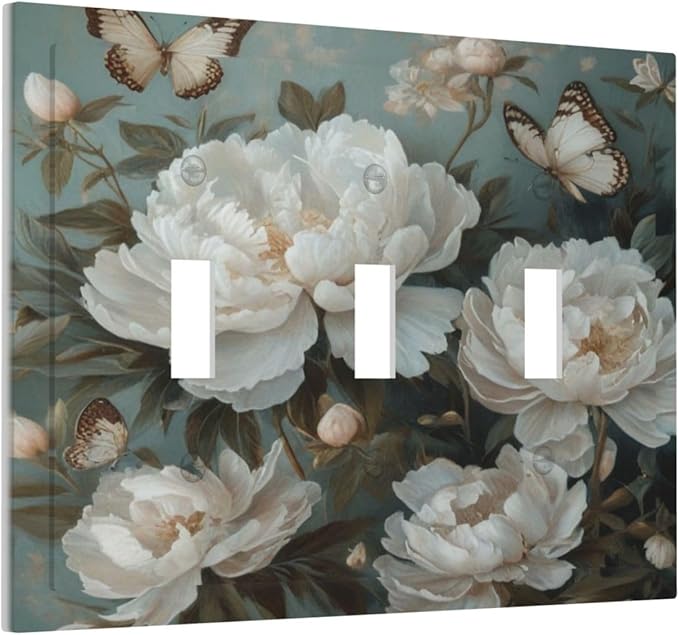 Decorative Art Light Switch Covers Butterflies & Peonies 3 Gang Triple Toggle Wall Plate Decorative Switch plate Electrical Faceplate for Home Decor