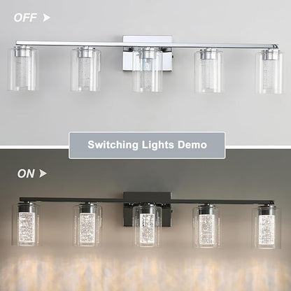 5 Light Chrome Bathroom Light Fixture, Dimmable 5CCT Chrome Bathroom Vanity Lights, 2700K-6500K Modern Crystal Bubble LED Wall Sconce Over Mirror with Clear Glass for Bedroom, Living Room