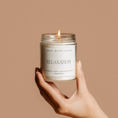 Sweet Water Decor Relaxation Candle - Soy Eucalyptus, Peppermint, and Clove Scented Spa Candles for Home - 9oz Clear Jar + Gold Lid, 40+ Hour Burn Time, Made in The USA