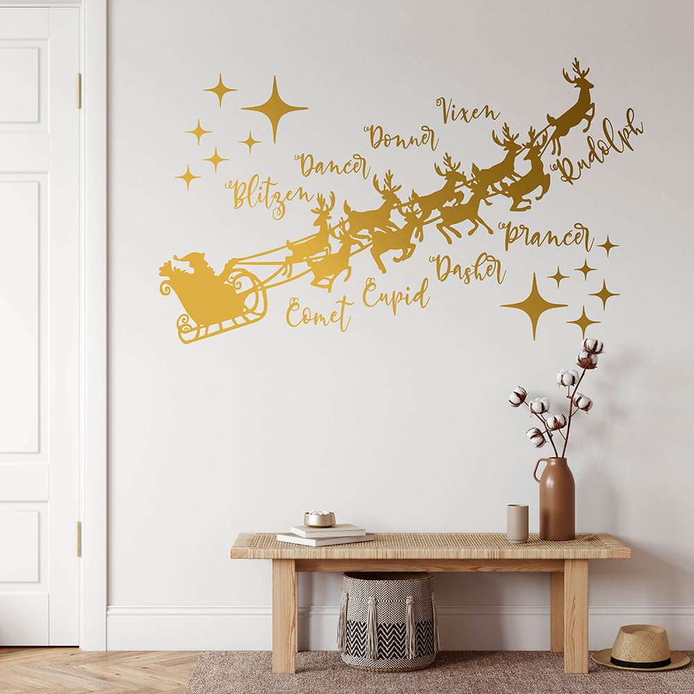 Christmas Wall Decal with Santa's Sleigh and Reindeer Names, 22.5 x 15.2 inches, Holiday Home Decoration (Gold) MC054
