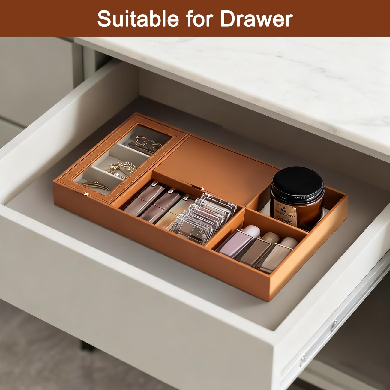 DAJYAWON PU Leather Valet Tray & Nightstand Jewelry Organizer - Multifunctional Catchall Dresser Top Box with Dust-Proof Flip Lid, Ring/Earring Compartments & Open Slots for EDC, Wallet, Keys, Watch