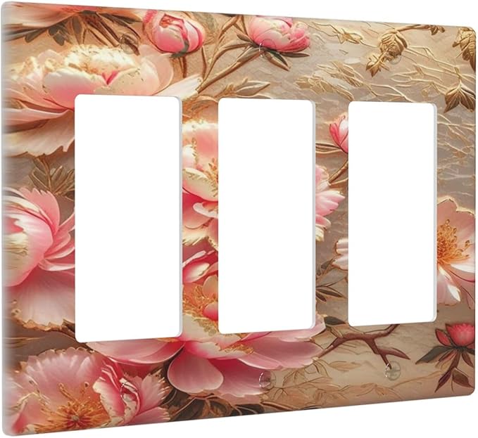 Pink Blooming Flowers Peonies Floral 3 Gang Rocker Triple Outlet Wall Plate Decorative Switch plate Cover Faceplate GFCI Light Switch Covers for Farmhouse Living Decor