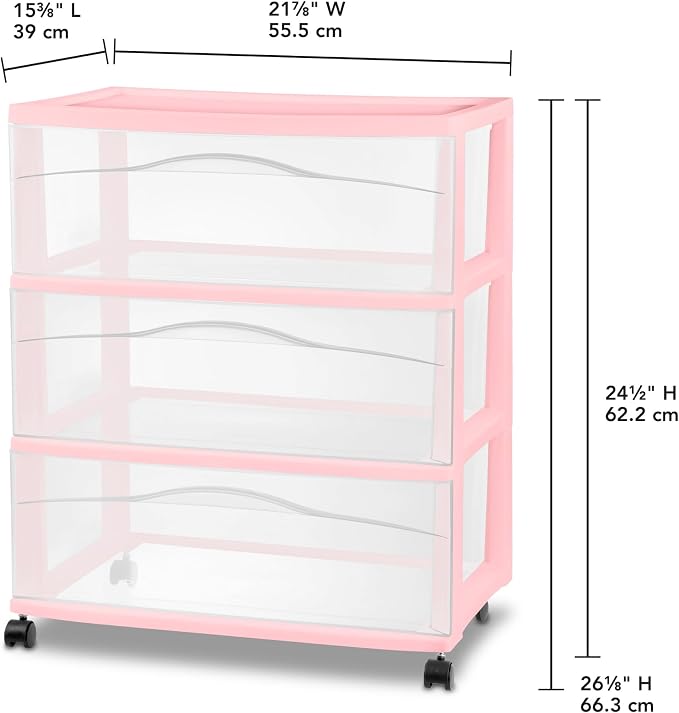 Sterilite 3 Pack Wide 3 Drawer Storage Cart, Rolling Organization, Pink | Clear Plastic Organizer Drawers with Wheels for Craft Supplies, Bath Essentials, or Home Accessories