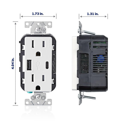 Leviton Type A & Type-C USB In-Wall Charger with 15A Tamper-Resistant Outlet, USB Charger for Smartphones and Tablets, Not for Laptops, T5633-W, White