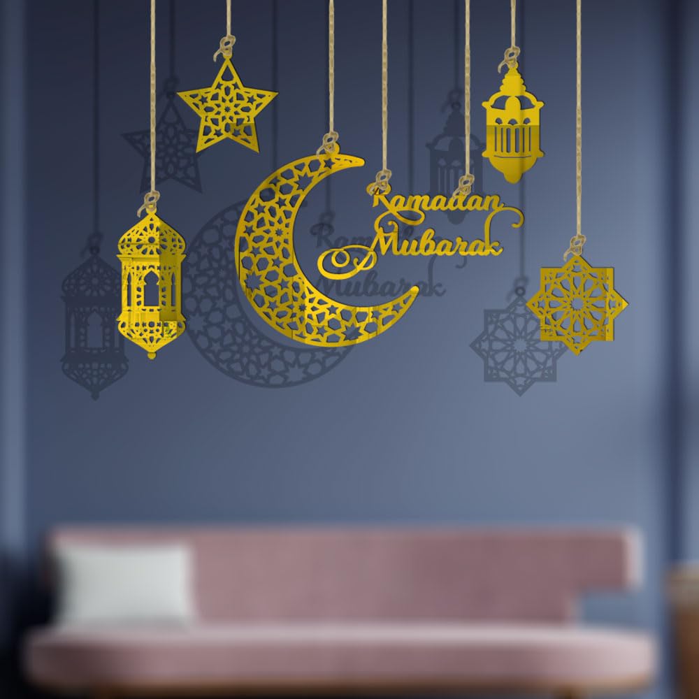 KYMY 6pcs Ramadan Mubarak Acrylic Hanging Ornaments, Eid Mubarak Moon Star Castle Hanging Decorations, Ramadan Kareem Hanging Ornaments for Eid Ramadan Islamic Muslim Festival Party Decorations