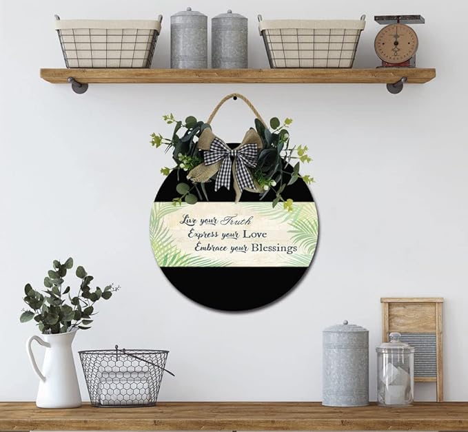 Embrace Your Blessings Front Door Sign Funny Wreaths Hanging Wooden Plaque Decoration Round Rustic Wood Farmhouse Porch Decor for Home Front Door Decor, 12 x 12 Inch