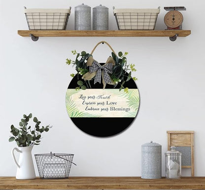 Embrace Your Blessings Front Door Sign Funny Wreaths Hanging Wooden Plaque Decoration Round Rustic Wood Farmhouse Porch Decor for Home Front Door Decor, 11 x 11 Inch