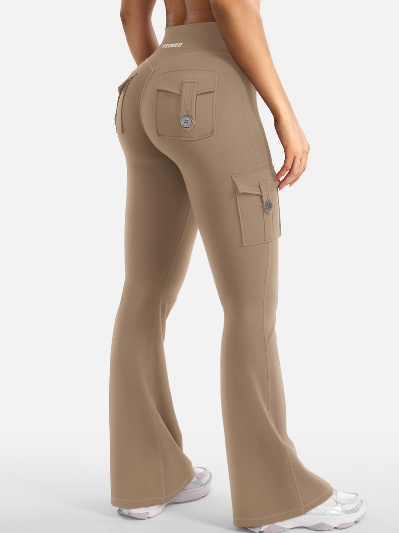 YEOREO CoreFlex Women Workout Flare Leggings with Pockets Hidden Scrunch High Waisted Cargo Gym Yoga Leggings Light Brown XL