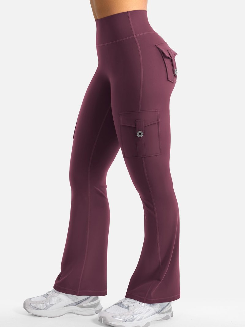 YEOREO CoreFlex Women Workout Flare Leggings with Pockets Scrunch Cargo Gym Yoga Leggings Black Cherry L