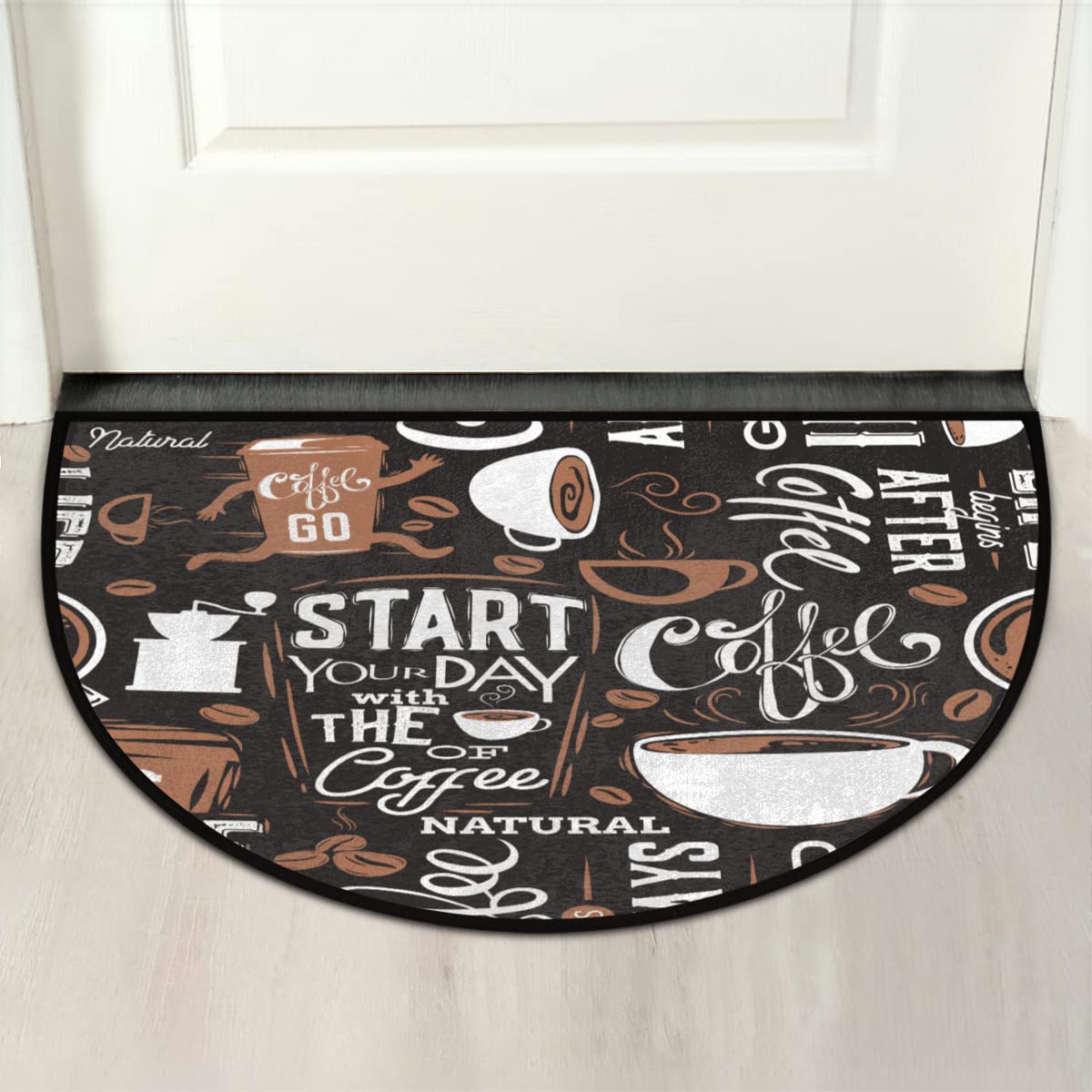 Start Your Day with The of Coffee Half Round Doormat Non Slip Semi Circle Bath Rug Runner Durable Washable Half Moon Rug Area Rug for Kitchen Patio Home Decoration 18x30 in