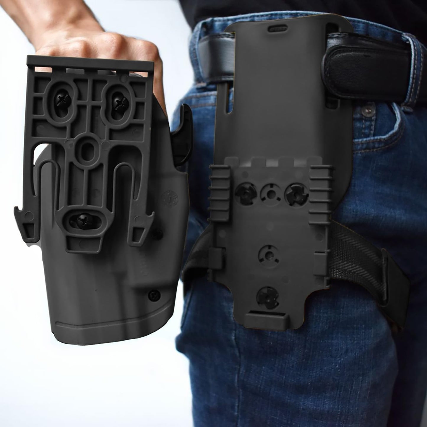 VCQIEO QLS Quick Locking System Kits with 2" Mid/Low Ride Belt Loop Adapter, Drop Leg Holster Platform, Qls Fork and Duty Receiver Plate 19 22 & Elastic Leg Strap, Black