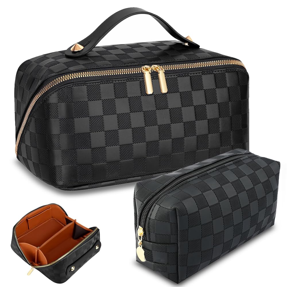 Checkered Travel Makeup Bags Cosmetic Organizer Bag: 2-Set Large Capacity Waterproof Makeup Bag - PU Leather Toiletry Bag for Women - Wide Open Portable Pouch with Handle and Divider (BLACK)
