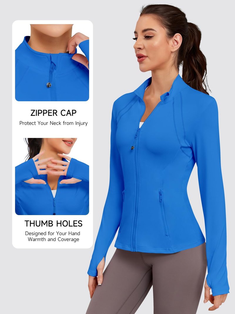 VUTRU Women Athletic Zip Up Jacket Lightweight Workout Long Sleeve Cooling Shirts with Thumb Holes and Pockets for Gym Yoga Blue L