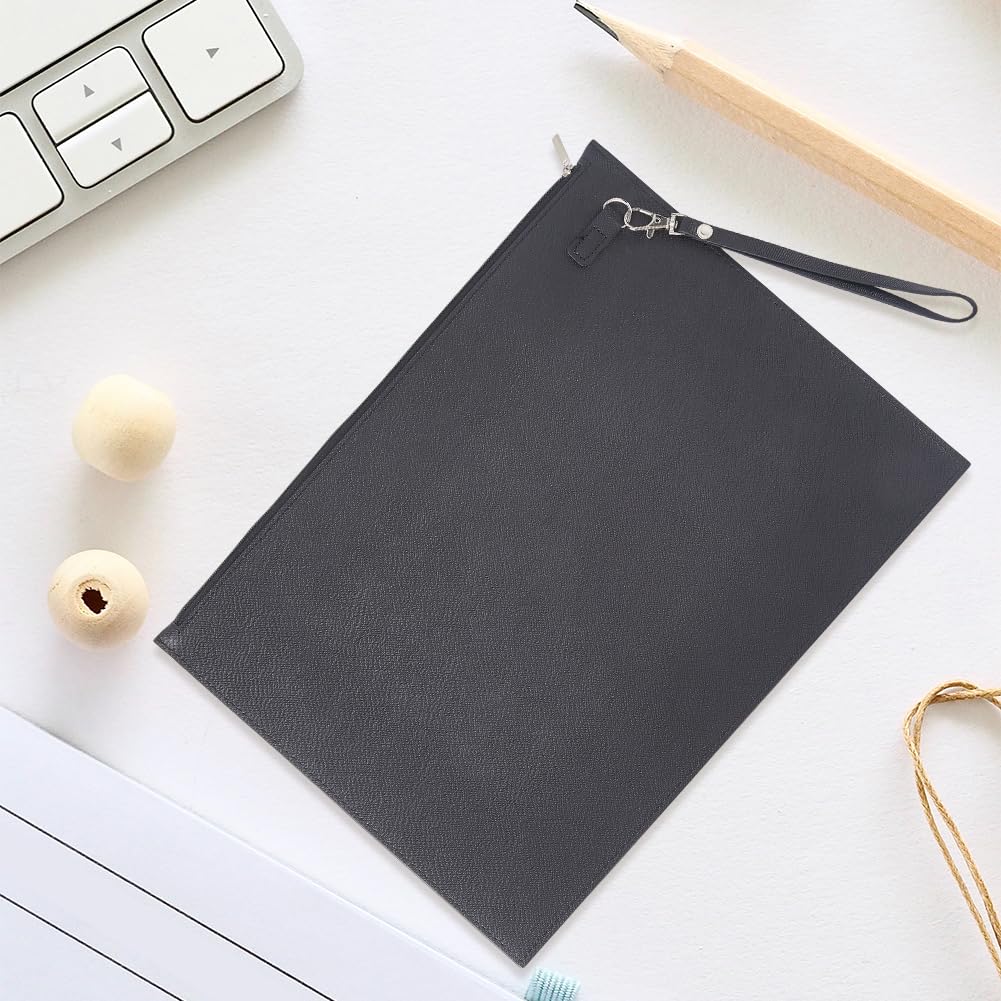 CALFOVERA A4 PU Leather File Holder with Removable Hand Strap Black Thin Document Folder Waterproof Portfolio Filing Zipper Pocket Oragnizer Bag Case for Receipt Contract Stationery Tablet