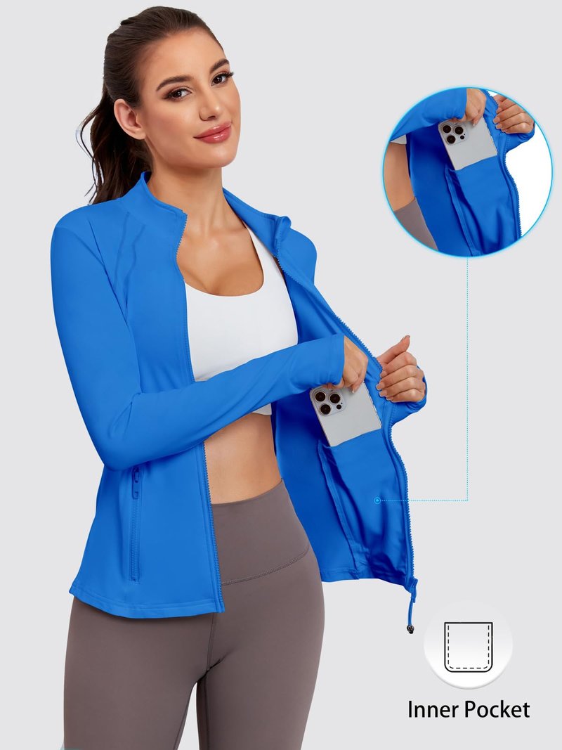 VUTRU Women Athletic Zip Up Jacket Lightweight Workout Long Sleeve Cooling Shirts with Thumb Holes and Pockets for Gym Yoga Blue L