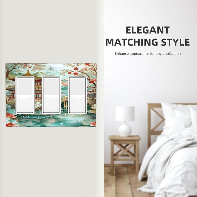 Asian Palace Traditional Bridge Cherry Blossoms 3 Gang Rocker Triple Outlet Wall Plate Decorative Switchplate Cover Faceplate GFCI Light Switch Covers for Farmhouse Living Decor