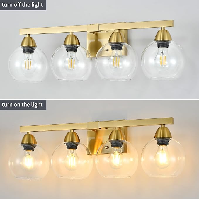 4-Light Bathroom Vanity Light, Gold Wall Sconce with Premium Hand-Crafted Glass Shades, Shatter-Resistant & Few Imperfections, Ideal for Mirror, Kitchen, Living Room