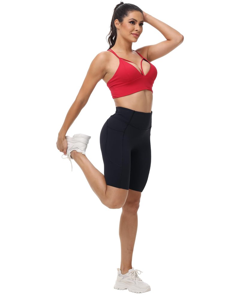 MotoRun Biker Shorts Women Tummy Control with Pockets - High Waisted Workout Shorts No Front Seam Black Yoga Short Leggings Medium