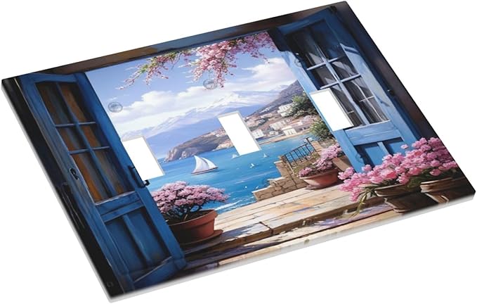 Decorative Art Light Switch Covers Seaside Window View 3 Gang Triple Toggle Wall Plate Decorative Switch plate Electrical Faceplate for Home Decor