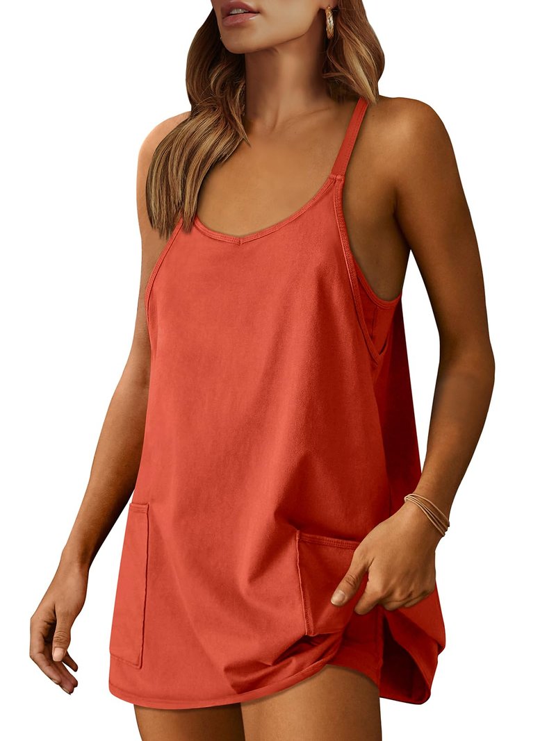 ANRABESS Women Athletic Dress Summer Tennis Workout Active Sports Mini Romper Dress Built in Shorts Travel Vacation Clothes Red Large