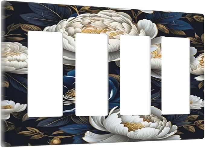 White Gold Blue Flower Light Switch Cover 4 Gang Rocker Decora Outlet Covers Wall Plate Decorative Switchplate Electrical Faceplate GFCI for Farmhouse Living Bedroom Decor